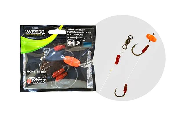 SNECI - Horgász webshop és horgászbolt - WIZARD MONSTER SURFACE LIVEBAIT DOUBLE MONO RIG 9/0+11/0 ROUND