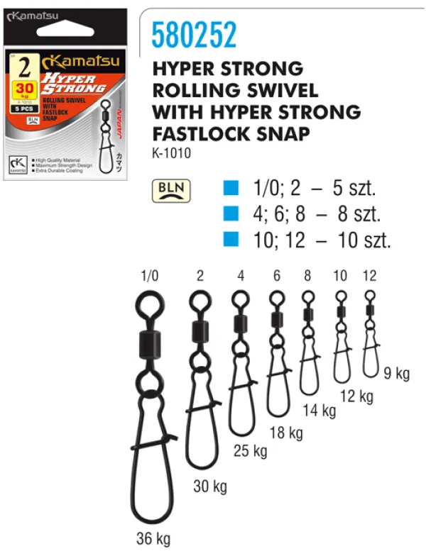 SNECI - Horgász webshop és horgászbolt - KAMATSU Hyper Strong Rolling Swivel with Fastlock Snap K-1010 2 30kg