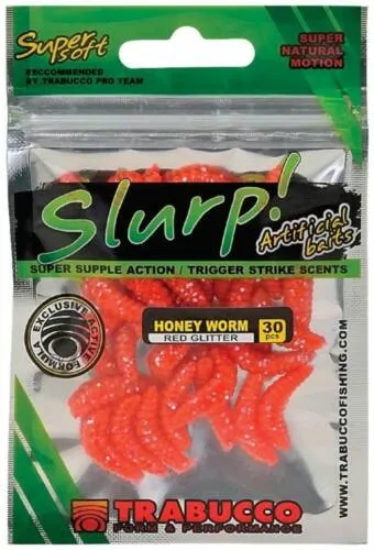 SNECI - Horgász webshop és horgászbolt - Trabucco Slurp Bait Honey Worm Red Glitter 30 db vérvörös gumi méhlárva