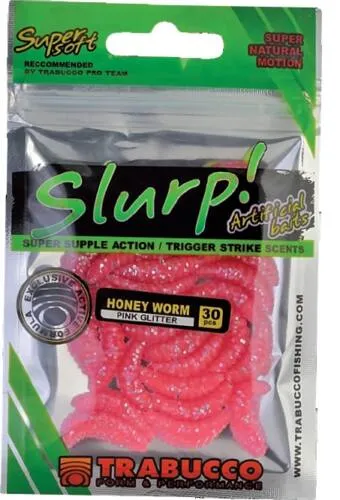SNECI - Horgász webshop és horgászbolt - Trabucco Slurp Bait Honey Worm pink Glitter 30 db pink gumi méhlárva