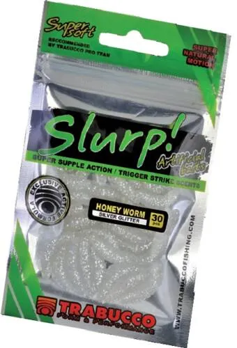 SNECI - Horgász webshop és horgászbolt - Trabucco Slurp Bait Honey Worm Silver Glitter 30 db ezüstös gumi méhlárva
